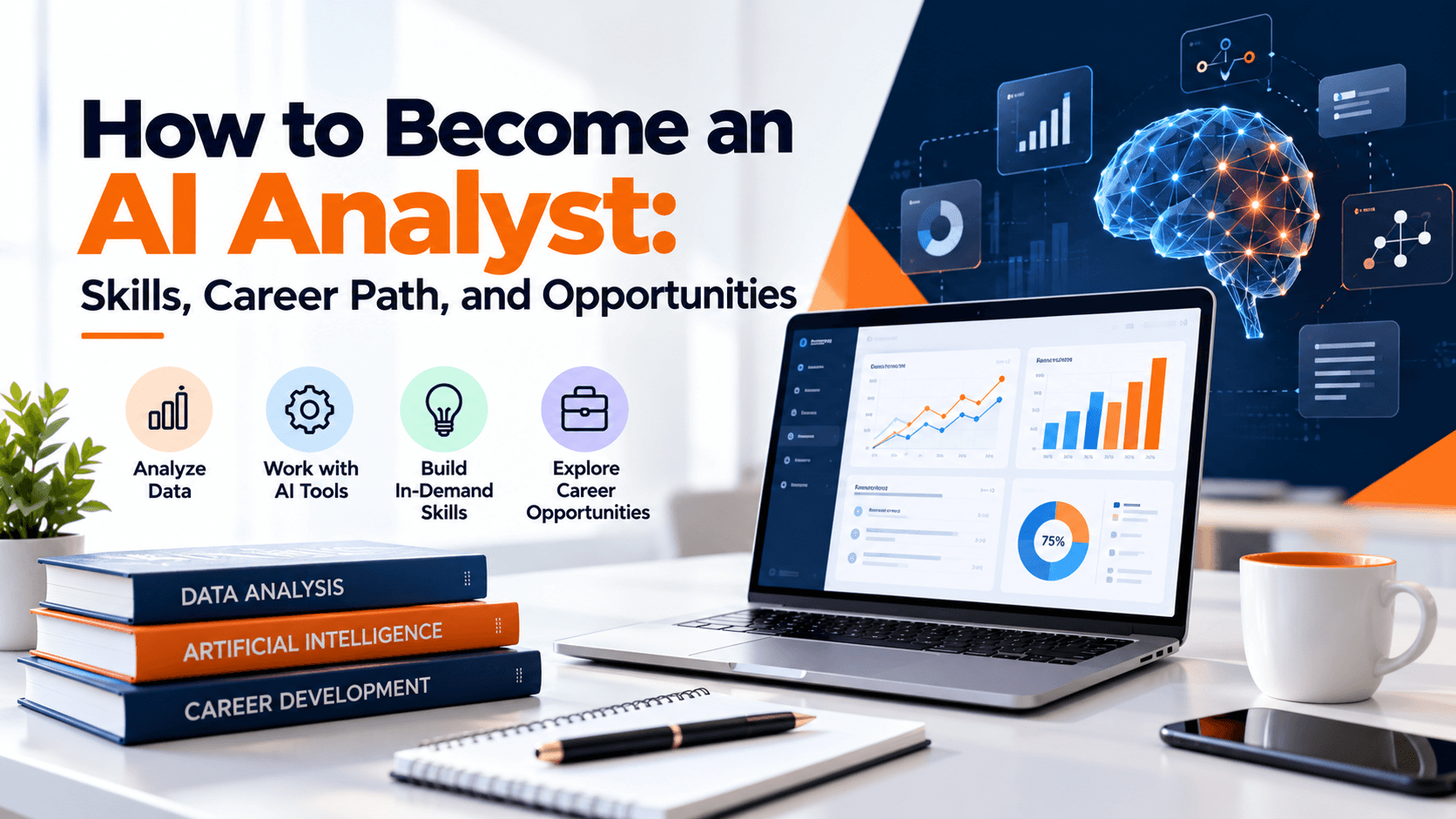 AI analytics dashboard with neural network graphics, data charts, and career learning resources