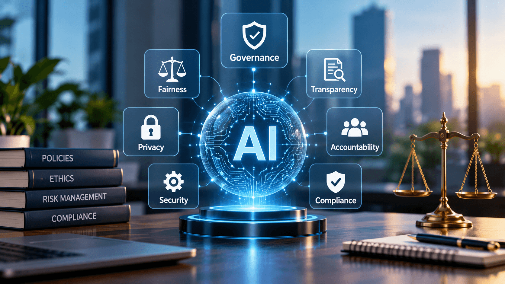 AI governance principles and best practices for businesses, illustrating fairness, transparency, privacy, accountability, security, and compliance.