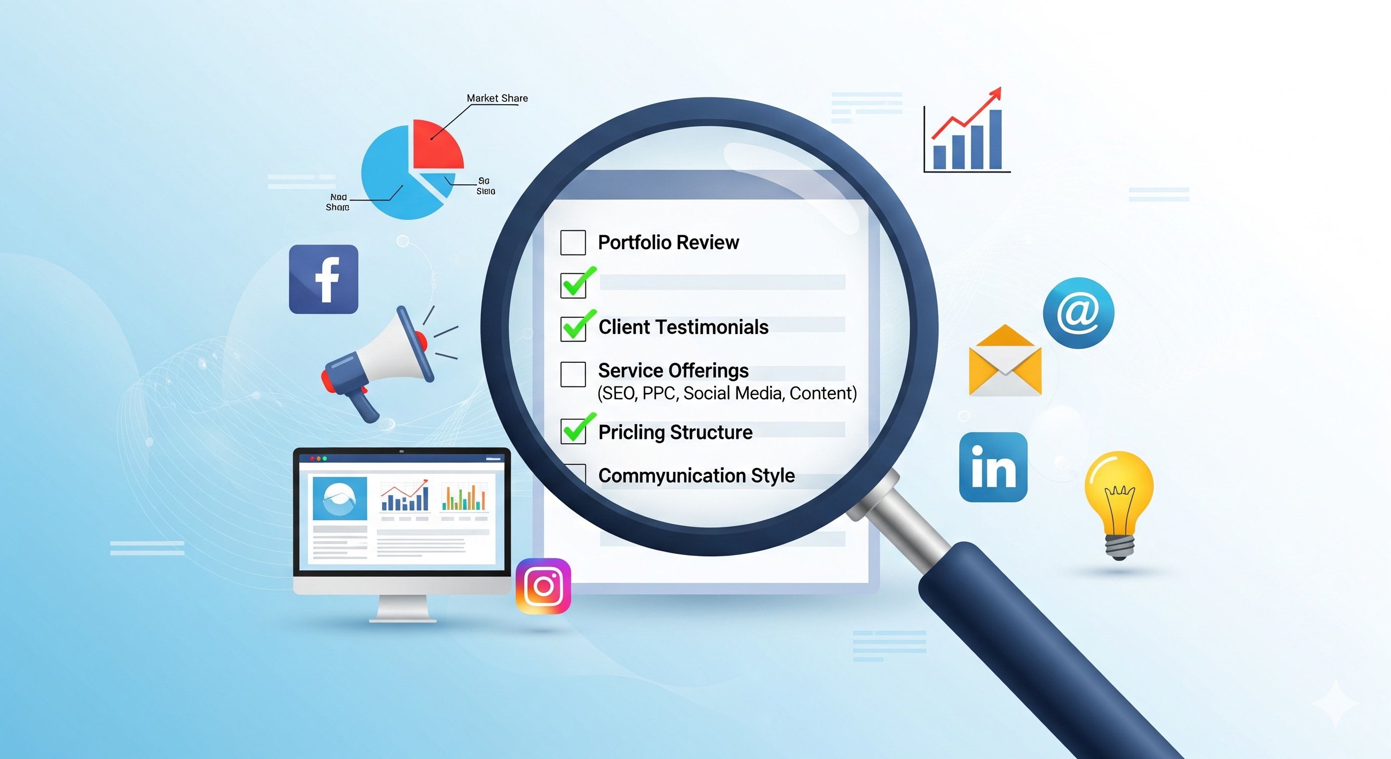 Digital marketing agency selection guide - magnifying glass examining evaluation checklist including portfolio review, client testimonials, pricing structure, and service offerings with social media and analytics elements