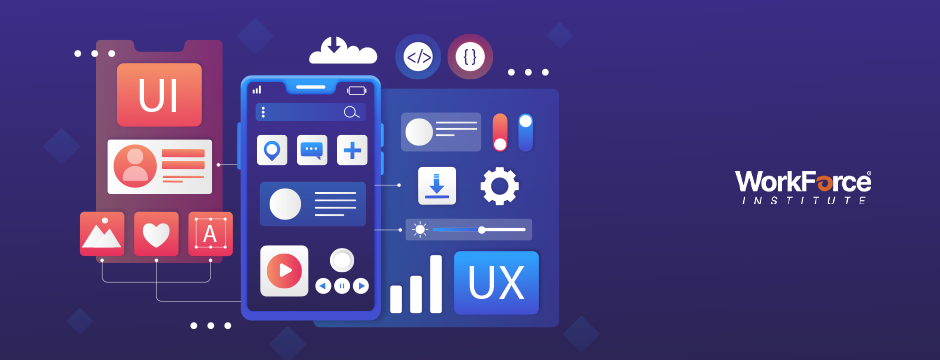 WorkForce Institute UI and UX design illustration featuring mobile app interfaces, icons, and settings in a modern gradient theme.