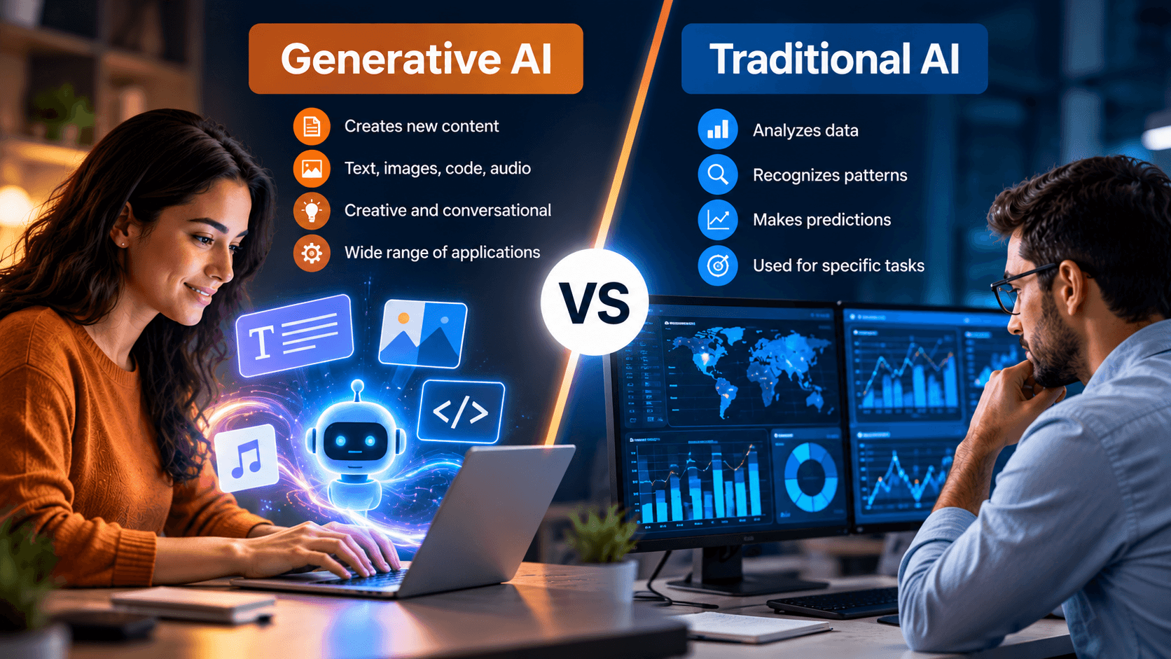 Generative AI vs traditional AI comparison showing content creation and data analysis