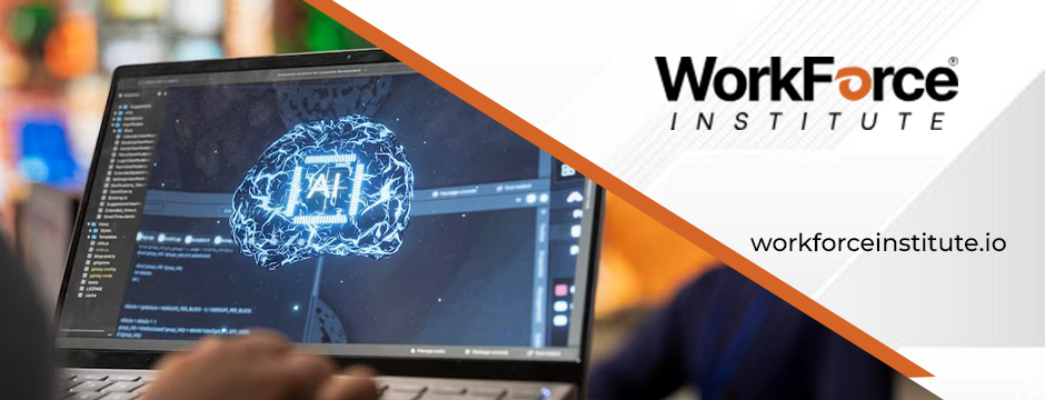 A professional software engineer working on AI development displayed on a large computer monitor, with WorkForce Institute branding and website link workforceinstitute.io.