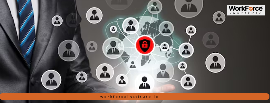 Business professional showcasing a digital network of connected people with a security icon, representing global workforce collaboration and leadership at Workforce Institute.