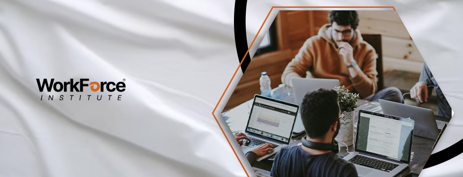 WorkForce Institute logo with team working on laptops in a modern office setting.