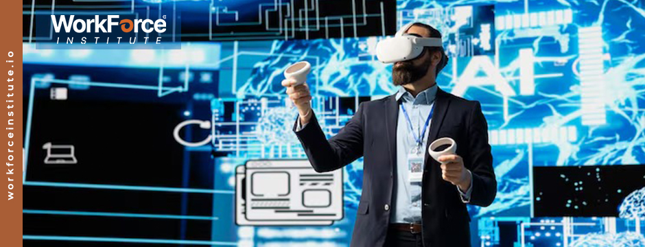 AI engineer using virtual reality tools in a tech lab for real-world software project development – WorkForce Institute