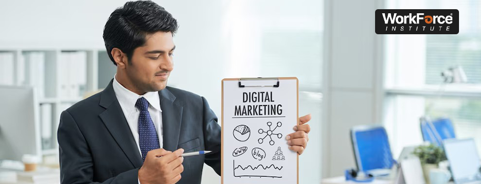 Businessman presenting digital marketing strategy chart at WorkForce Institute.