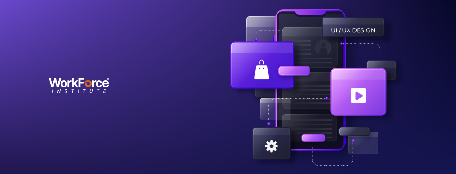 WorkForce Institute UI/UX design course illustration showing a smartphone interface with shopping, video, and settings icons in a modern purple theme.