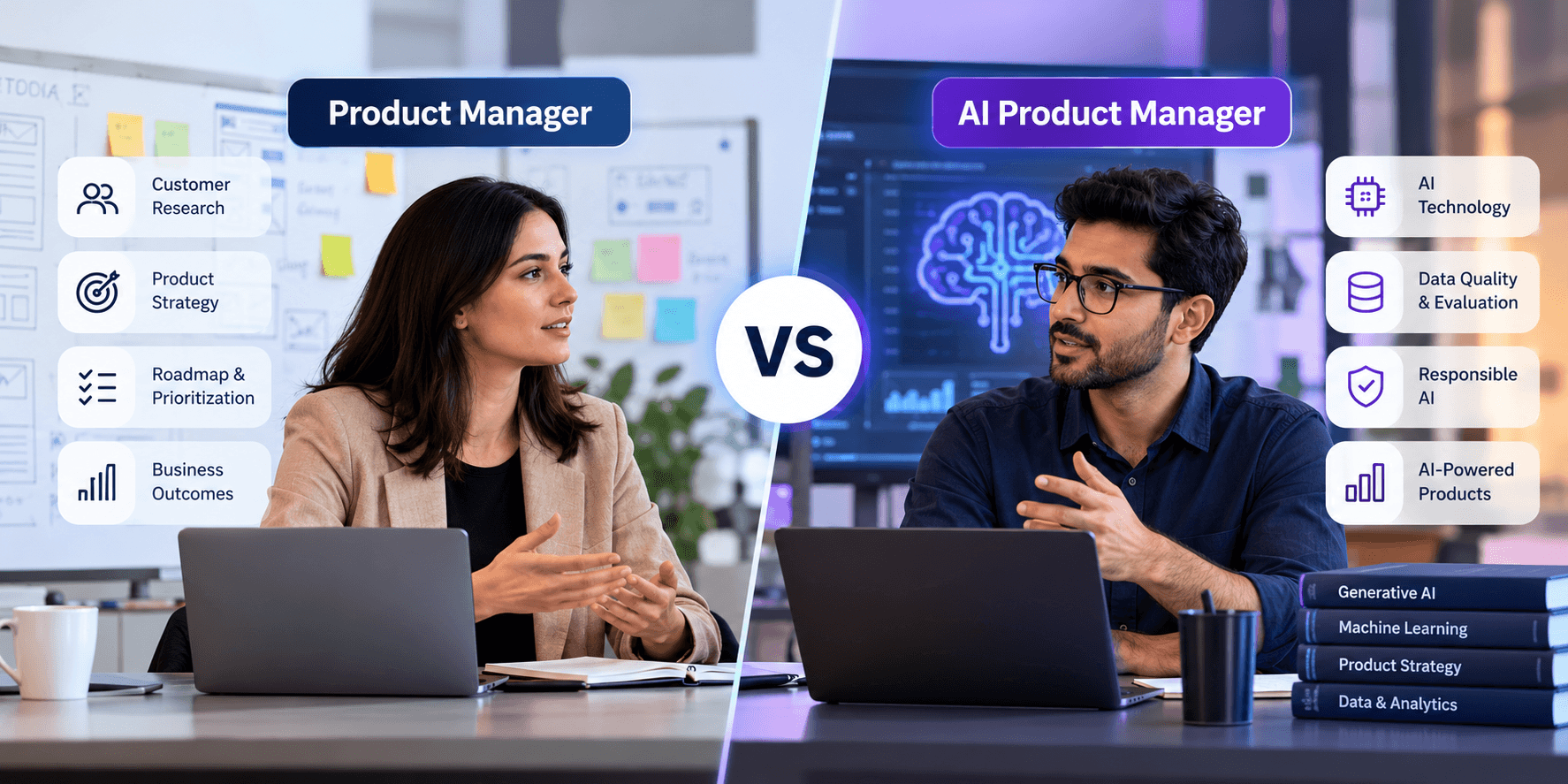 AI product manager vs. product manager comparing skills, responsibilities, and workflows