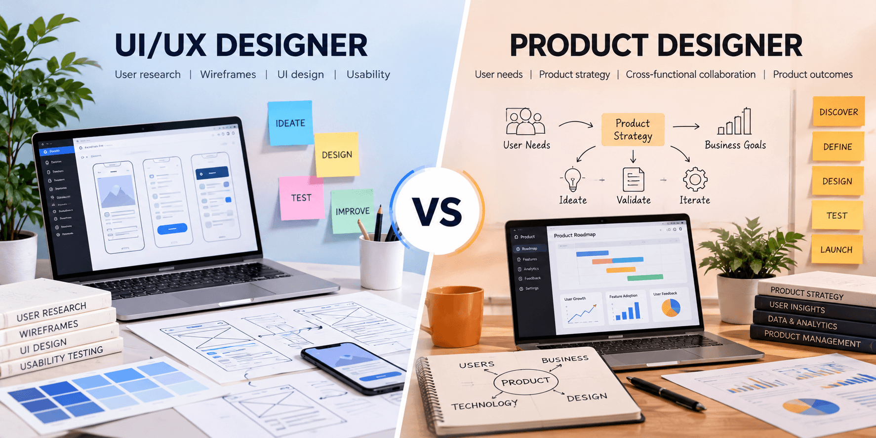 UI/UX design vs. product design comparison showing wireframes and product strategy dashboards