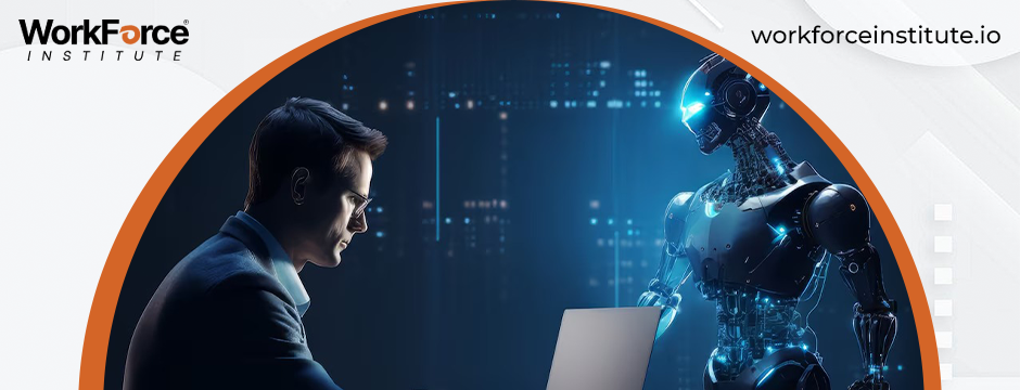 A professional sitting at a laptop interacting with a humanoid AI robot in a futuristic digital environment, featuring WorkForce Institute branding and website link workforceinstitute.io.