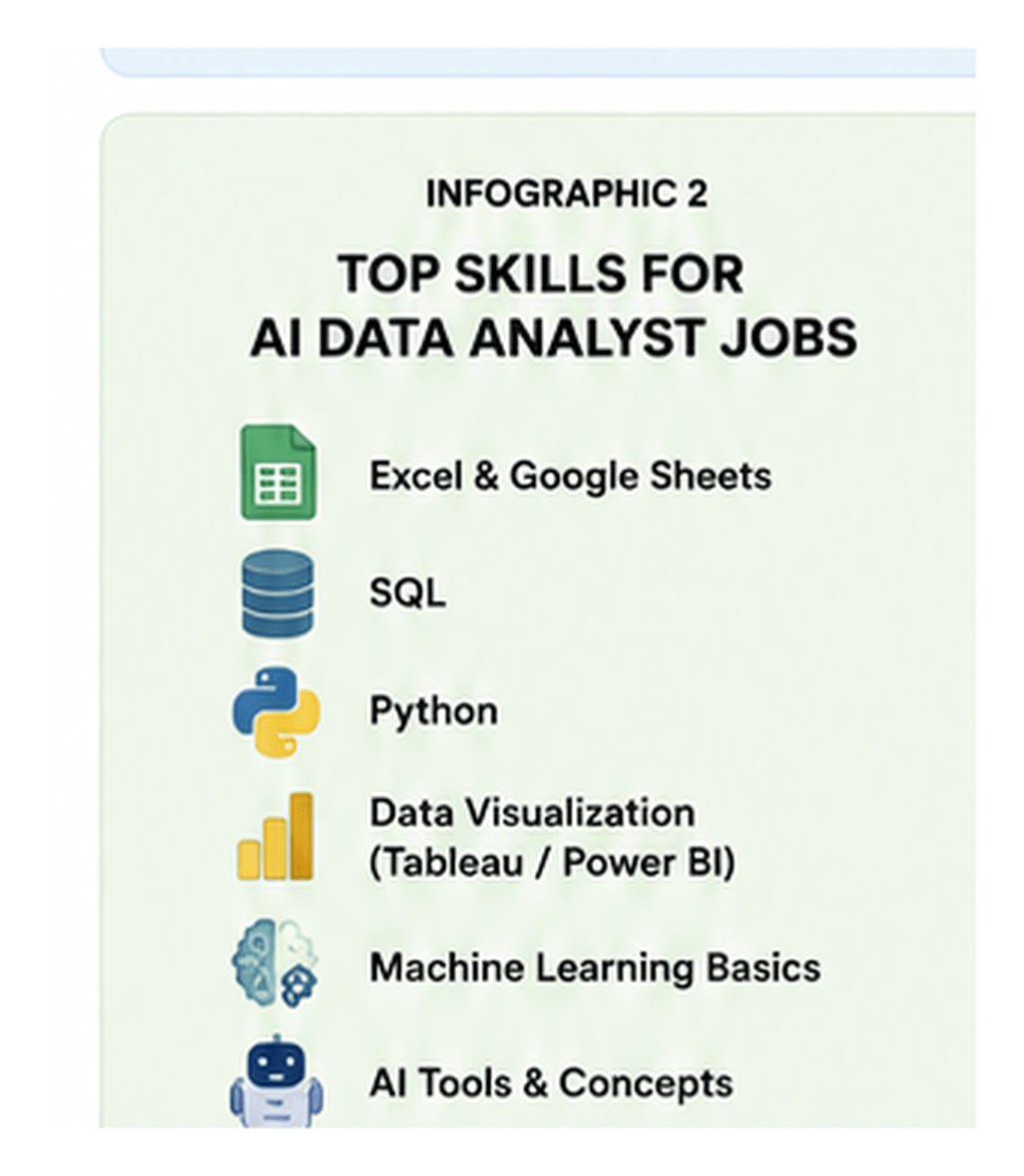 Top skills for AI data analyst jobs infographic